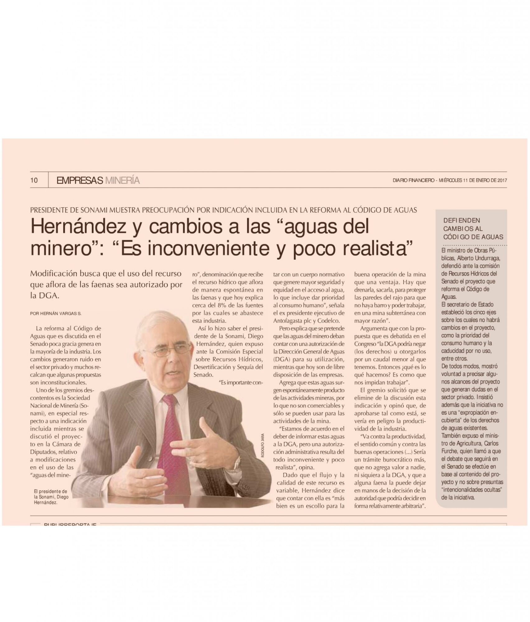 Hernández y cambios a las "aguas del minero" "Es inconveniente y poco